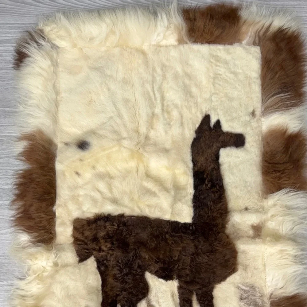Vtg Alpaca Hide Wall Hanging Rug Peruvian Llama Folk Art Patchwork Decor 18x30in